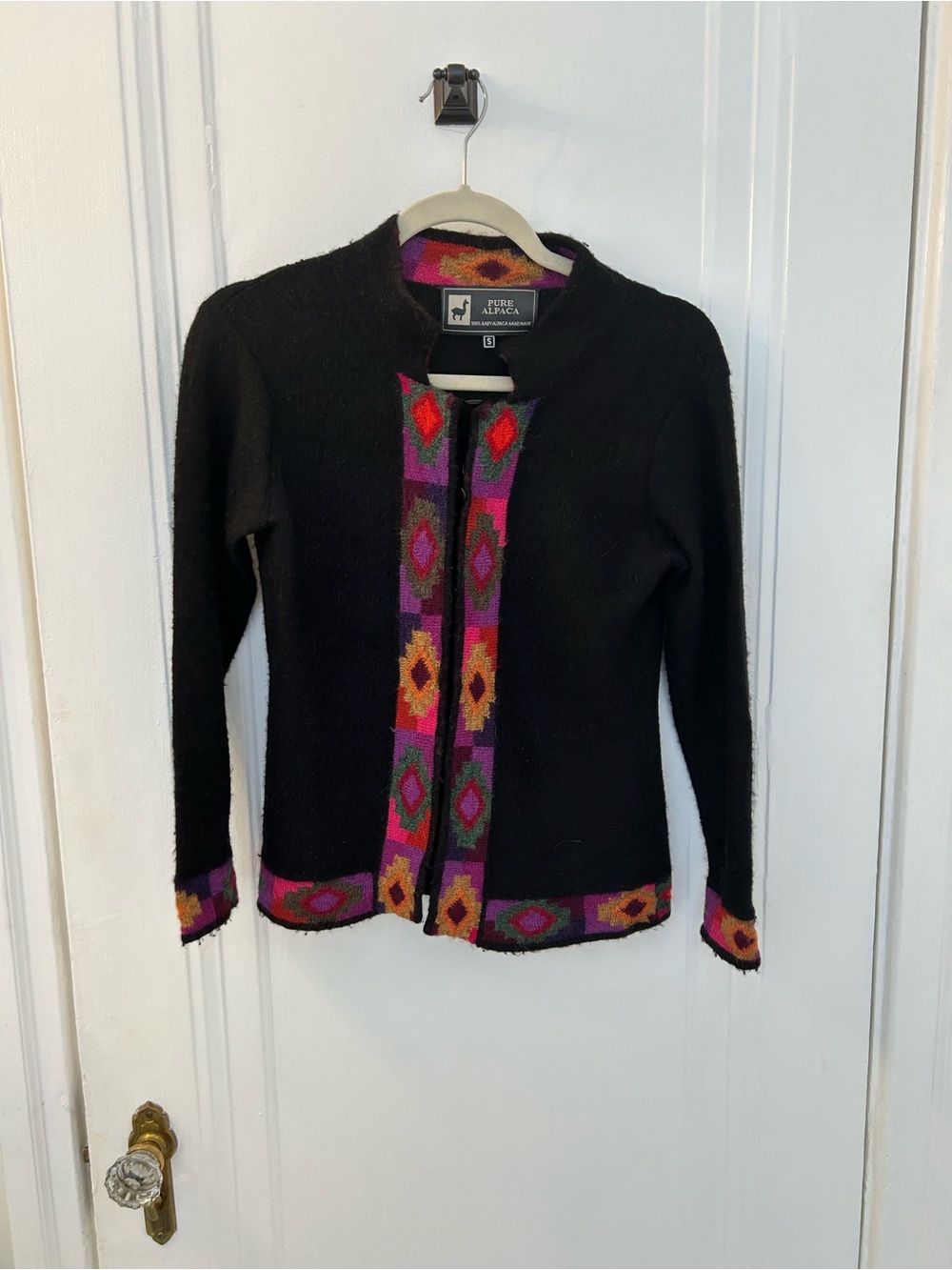 Pure Alpaca Women's Black Knit Cardigan with Multicolor Trim